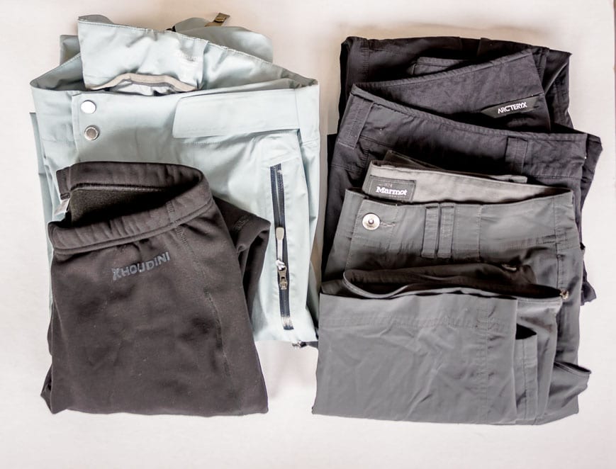 Clothing for the lower half including rain pants,travel pants, fleecy and zip-off pants