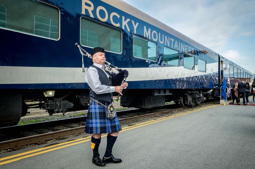 Getting on the Rocky Mountaineer train listening to bagpipe music