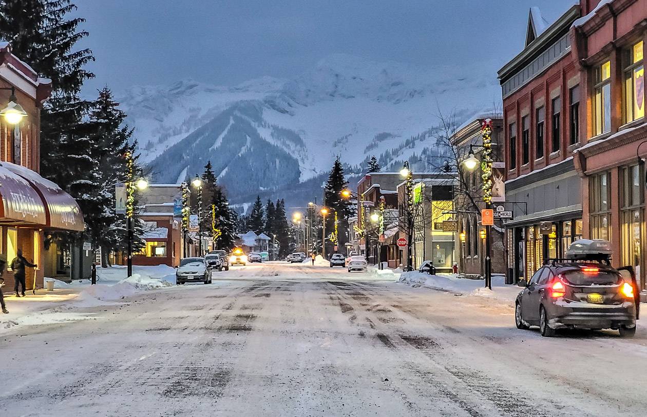 A section of Fernie's Main Street at 8 AM near the winter solstice