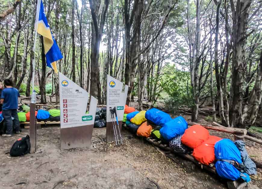 Packs left at Italiano Campground as people head to Britanico Lookout