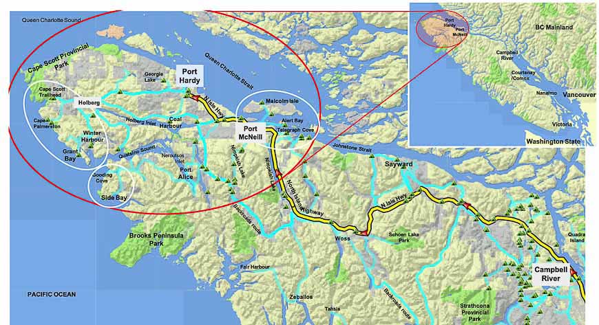 Favourite spots on a map at the top of Vancouver Island