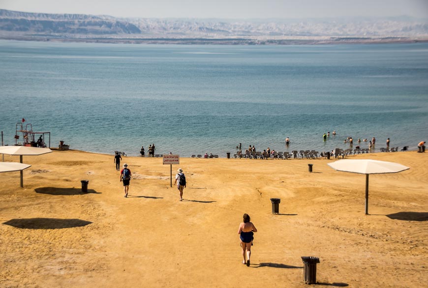 Walking down to the Dead Sea for a swim