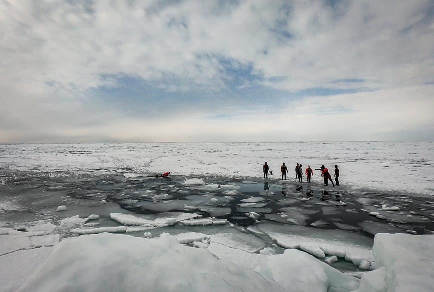 Watching a group jump on the ice in the hopes of breaking through and falling in