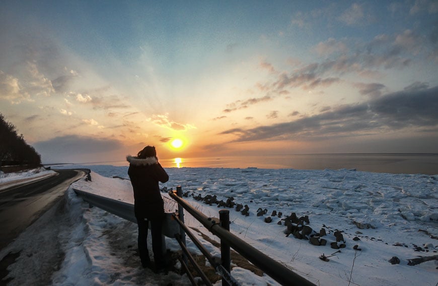 Watching the sun set over the drift ice on the Shiretoko Peninsula