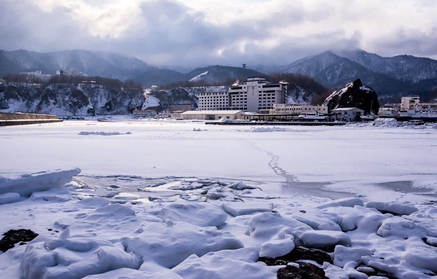 A view across the drift ice to our hotel on the Shiretoko Peninsula