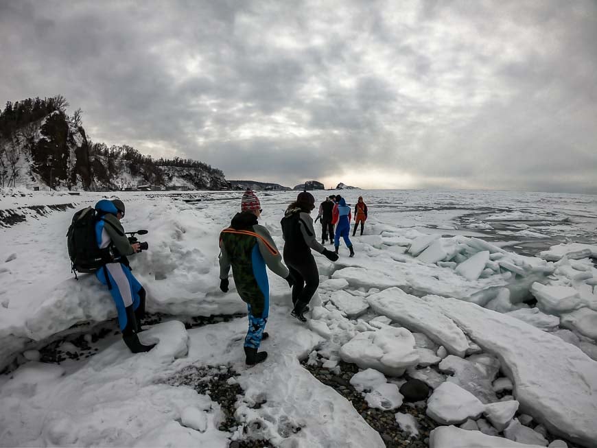 Getting onto the drift ice for the first time in Hokkaido, Japan