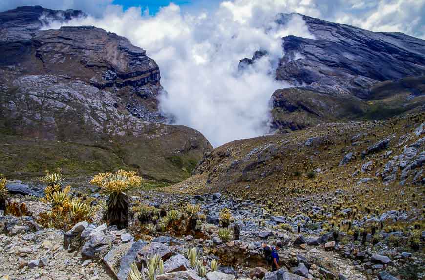 Looking down from the first pass into a fog filled valley on the Sierra Nevada del Cocuy trek