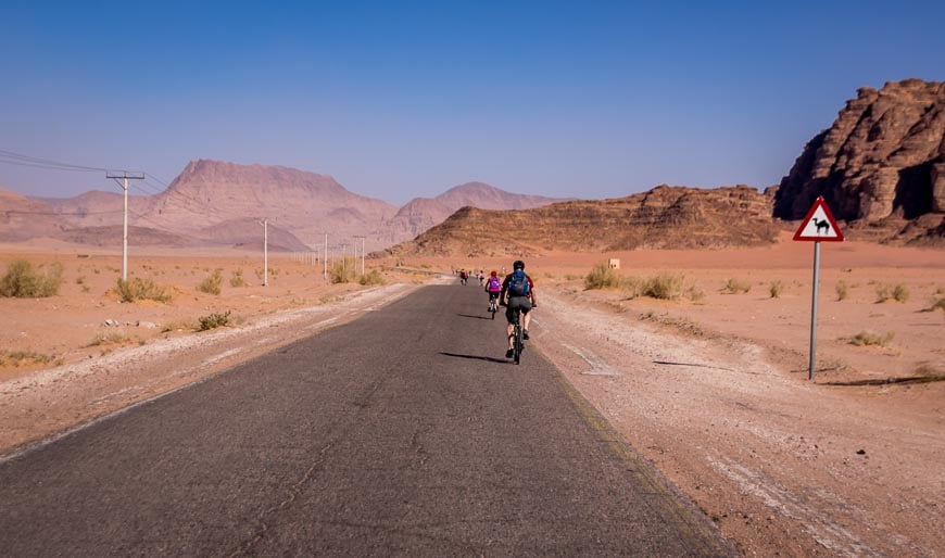 On the look out for camels on the way to our Wadi Rum camp while cycling Jordan