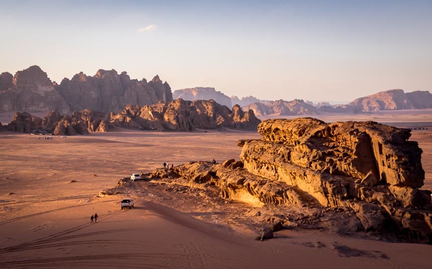 Wide open spaces in wadi Rum glow in the setting sun