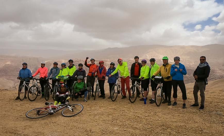 Our group at the top of the biggest hill cycling Jordan on the way to Aqaba