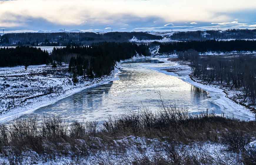 The Bow River looks frigid on a December day