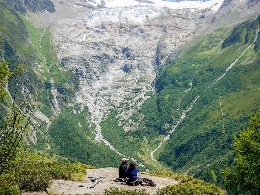 Admiring the glacier sitting above the hamlet of Tre-Le-Champ