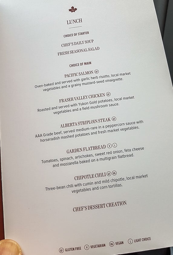 Rocky Mountaineer lunch menu