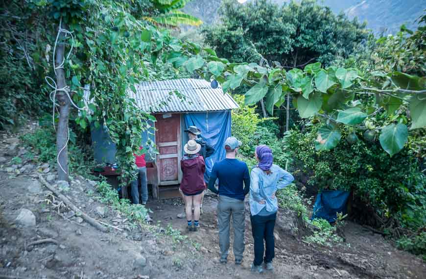 Line-up for the less than private bathroom on the Choquequirao Trek