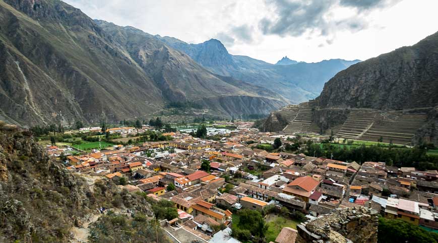 A view over Ollantaytambo from the hike to the Storehouse Ruins in the Sacred Valley Peru