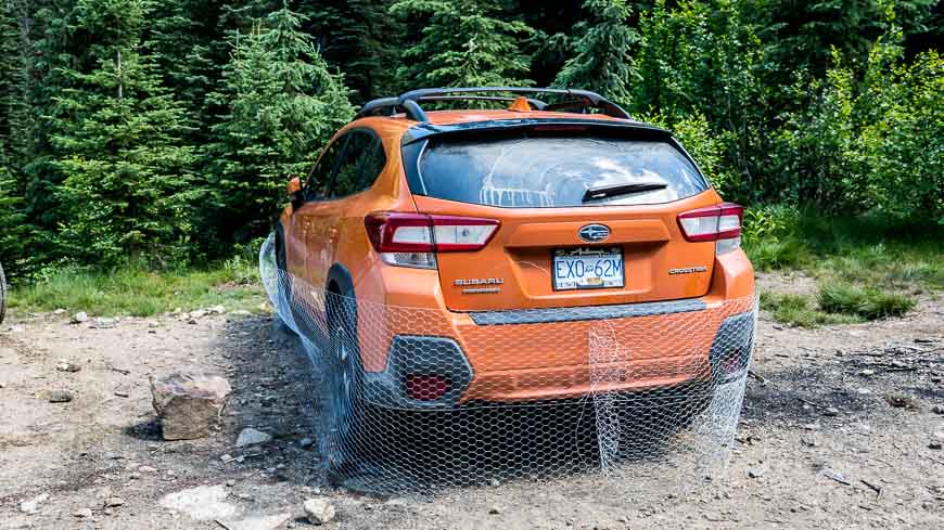 A car wrapped in chicken wire so porcupines don't gnaw the brake lines in Valhalla Provincial Park