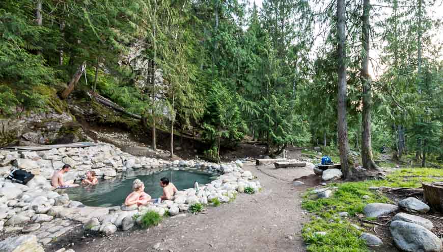 There are multiple pools at different temperatures for soaking in at Halfway Hot Springs