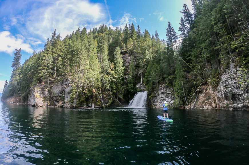 Paddleboarding to a set of waterfalls on the Columbia River