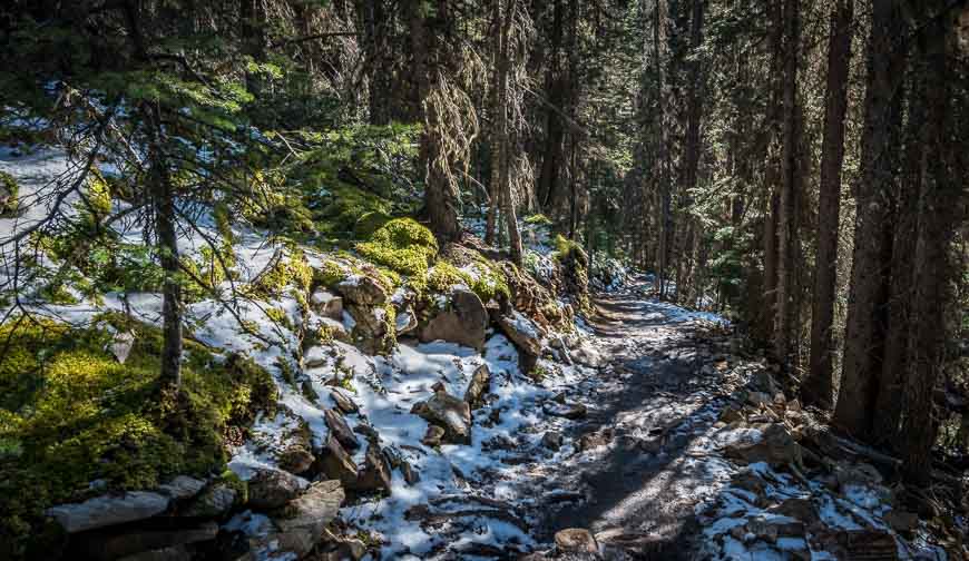 The shaded parts of the trail are snowy and icy in late September