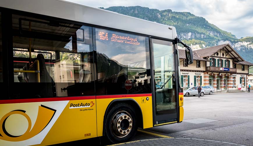 Catching the bus in Meiringen to start the Via Alpina in Switzerland