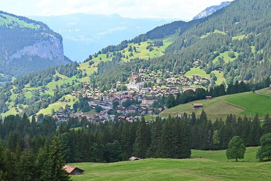 The Swiss mountain town of Wengen off in the distance