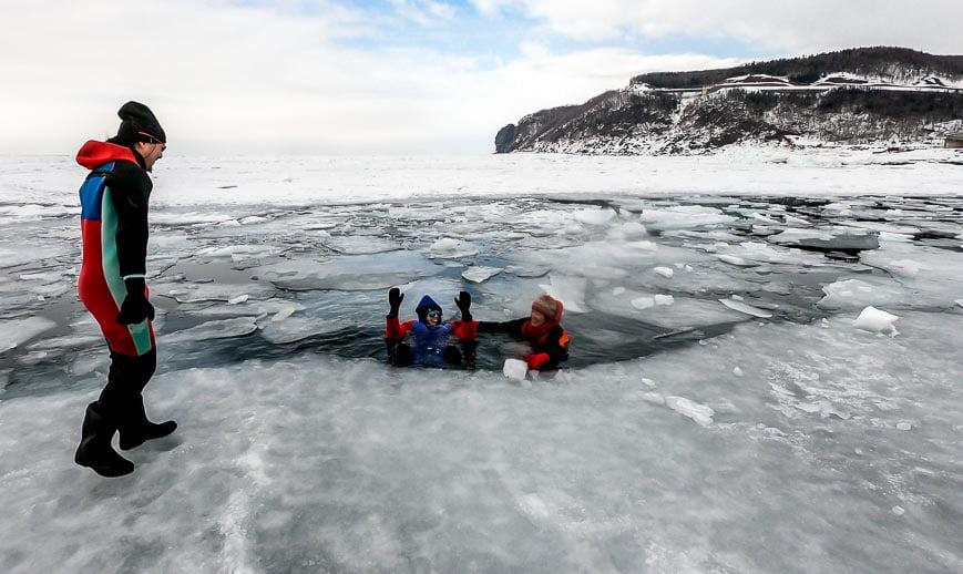 Me testing out the frigid waters in the Sea of Okhotsk