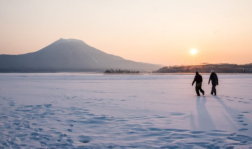 Walking out on Lake Akan at sunrise is one of the special things to do in Hokkaido in winter