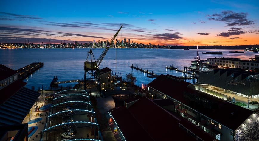 Enjoying a sunset over Vancouver from our room at the Pinnacle Hotel at the Pier