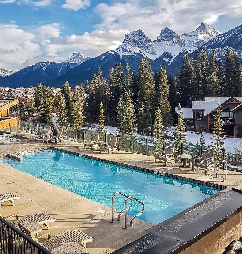 The Malcolm Hotel in Canmore has a wonderful pool and hot tub with a mountain view