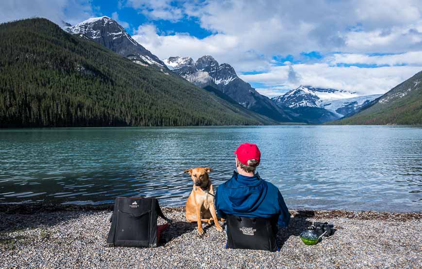 Enjoying our breakfast with a view down the length of Banff's 4th largest lake