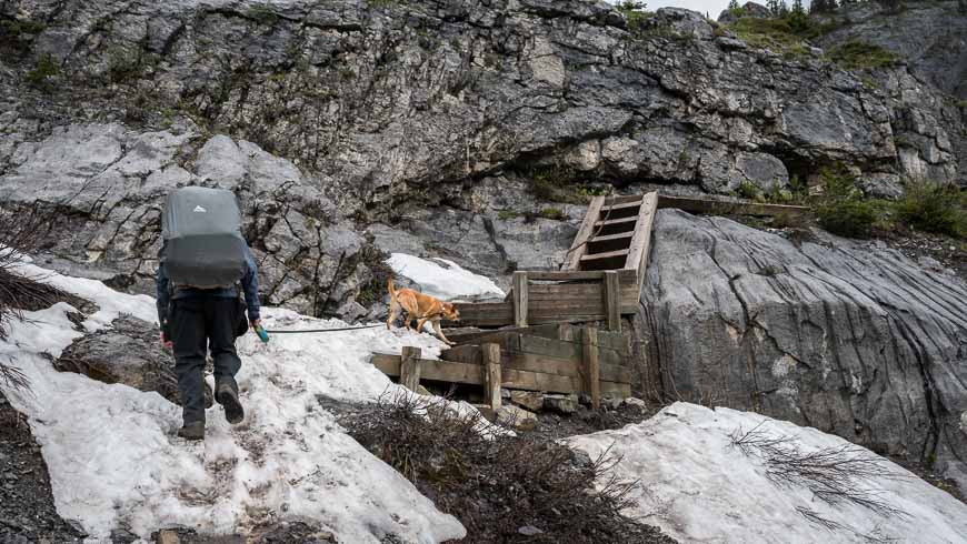 Stairs on the headwall to help navigate the steep section