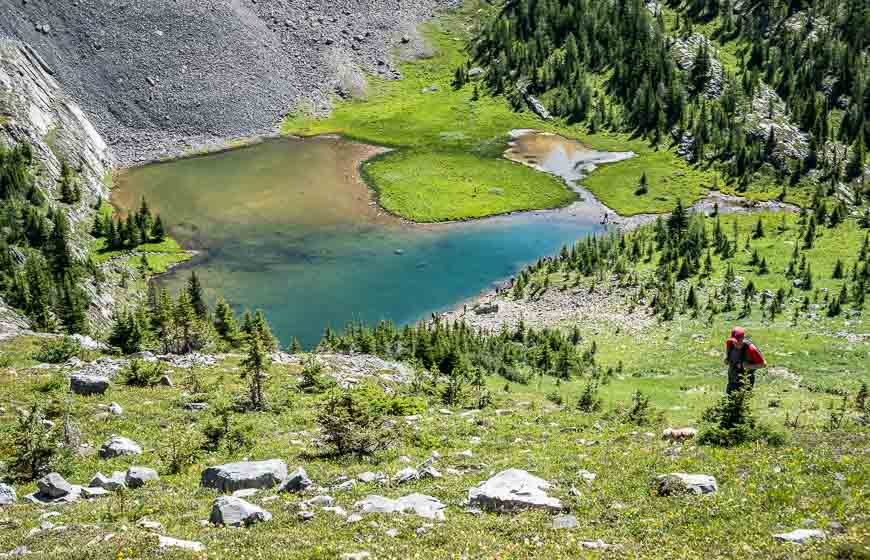 Hiking above the first lake in the Three Lakes Valley