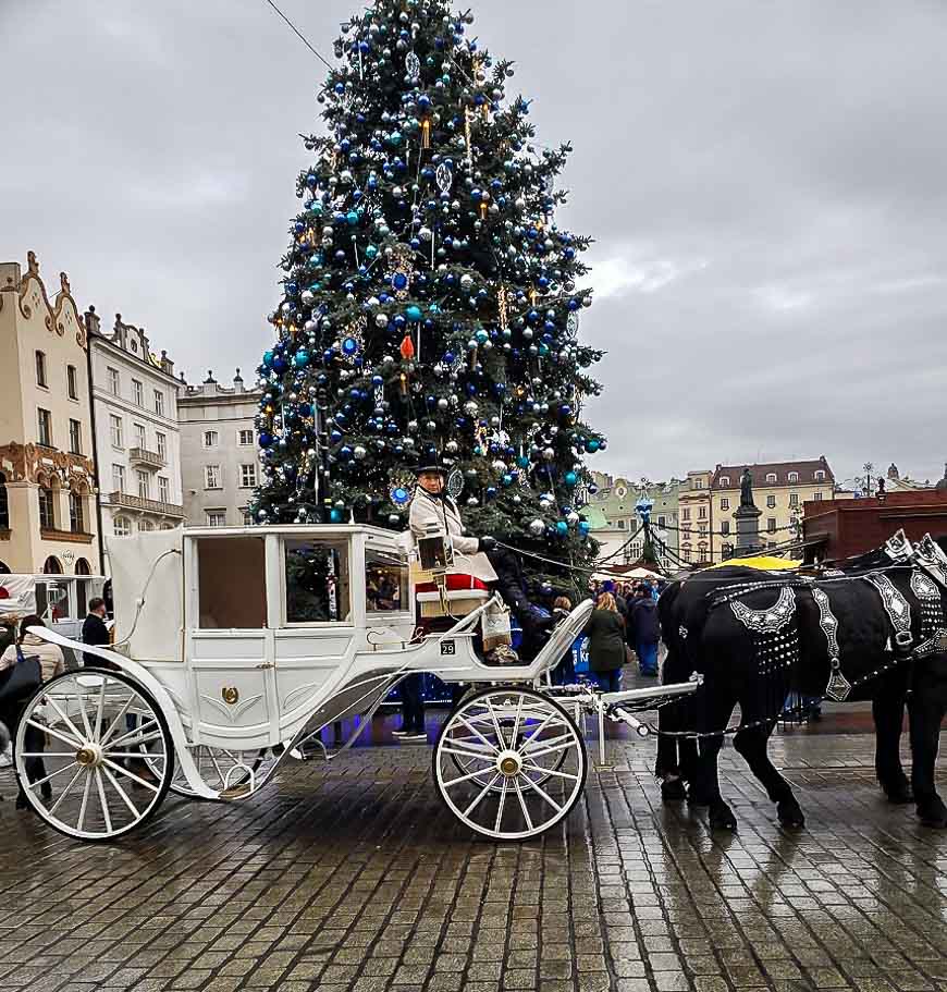 Horse-drawn carriages in Krakow's central square