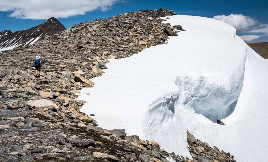 In mid-July there was still a lot of snow near the top