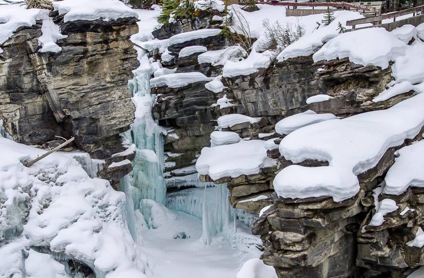 Parts of frozen Athabasca Falls in late winter