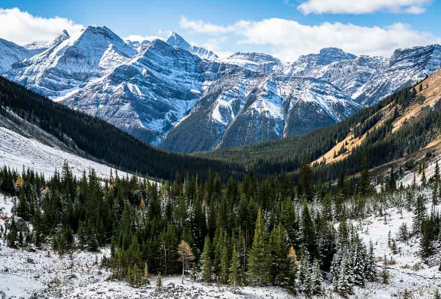 Beautiful mountain views looking back to the Smith Dorrien Road