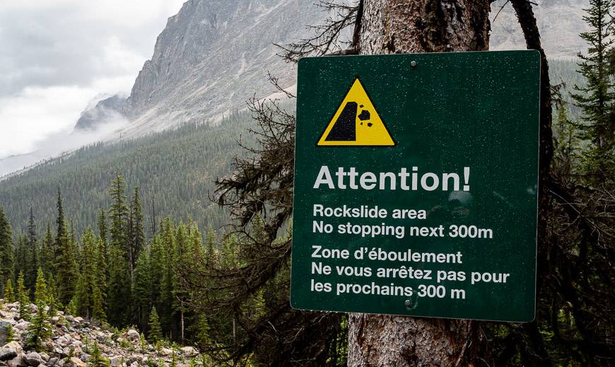 Don't dally through the rockslide area on the Tonquin Valley Trail