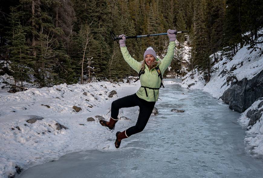 My friend jumping for the sheer joy of it - and not crashing on the Grotto Canyon Ice Walk