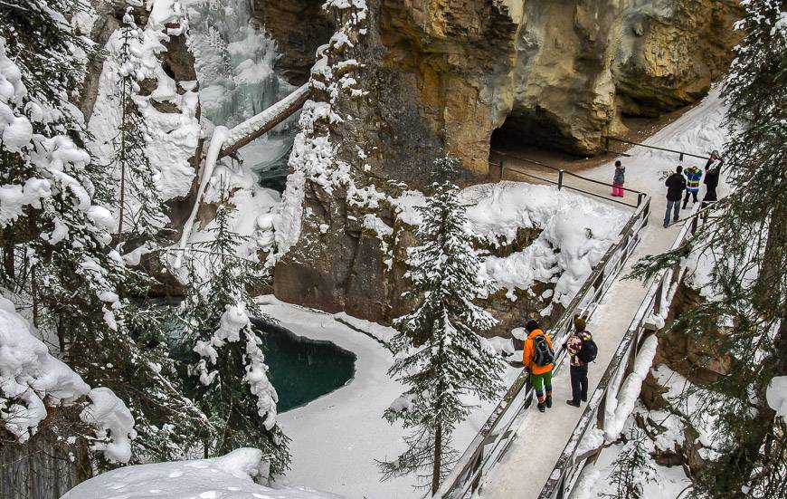 Cross the bridge to get a close-up of the Lower Ice Falls on the Johnston Canyon Ice Walk