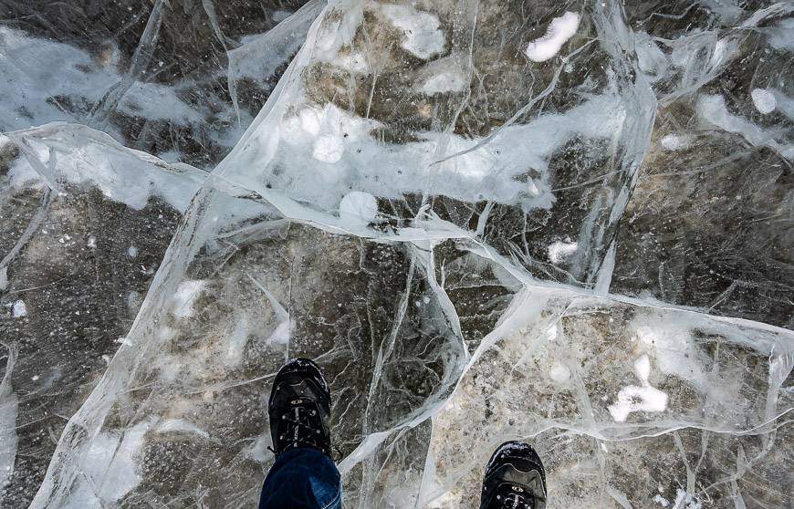 The ice is scoured so clean that you can see rocks beneath the ice