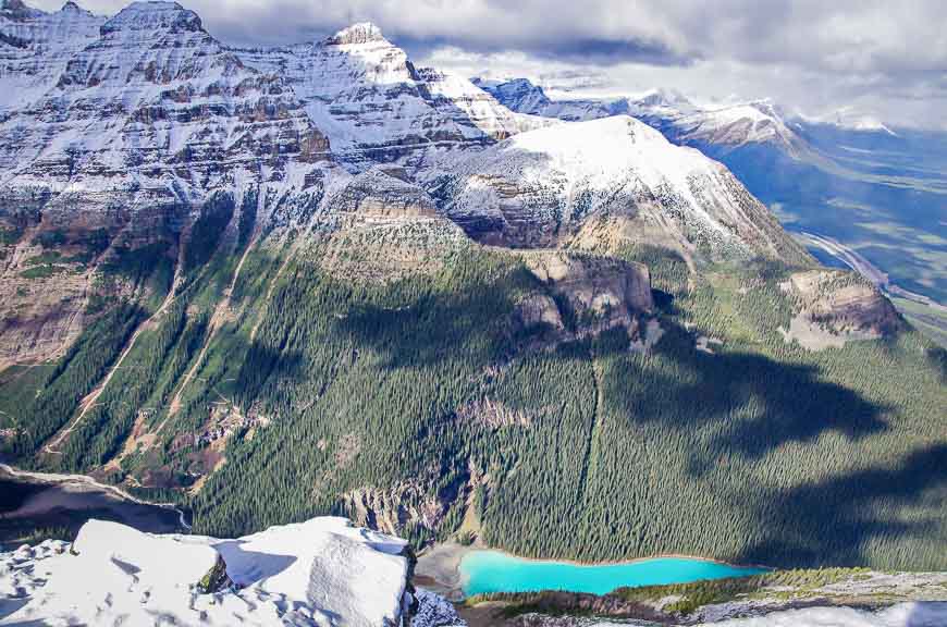 Looking down at Lake Louise from just below the Fairview Summit