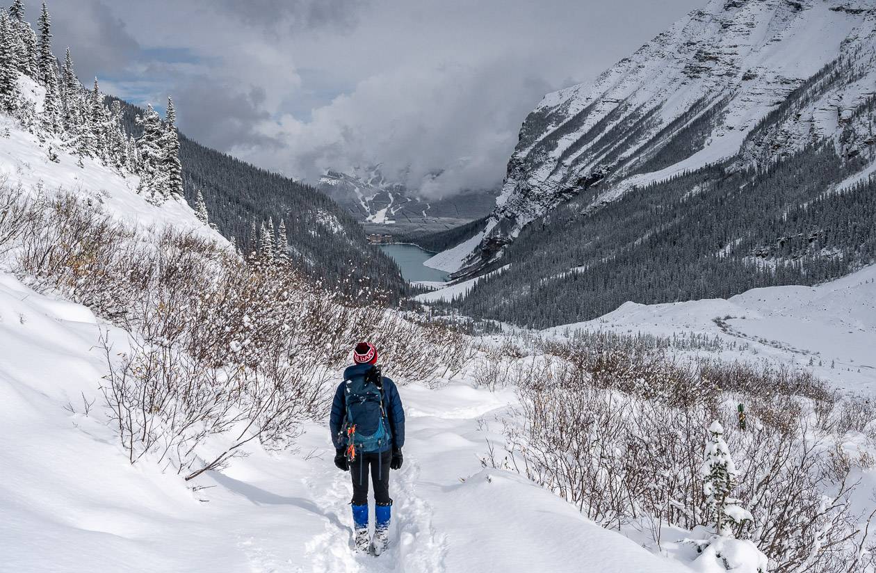 Coming back from the Plain of Six Glaciers Tea House hike after a mid-October snow storm