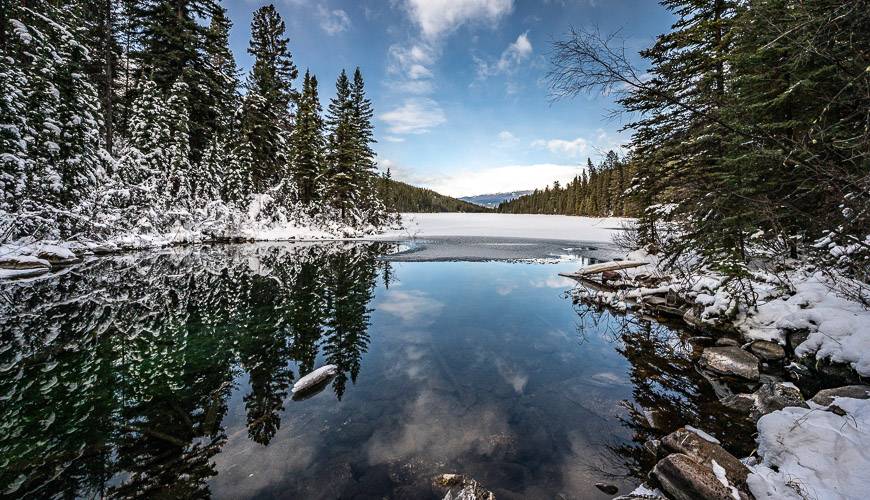 Open water on the Valley of the Five Lakes snowshoe