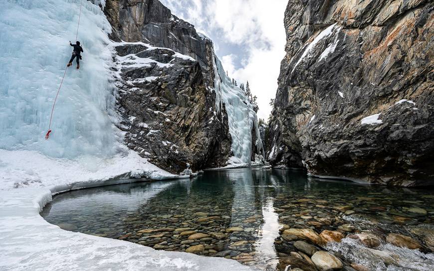 The Cline River Canyon in the Nordegg area is a beautiful spot to visit on snowshoes or on foot with icers