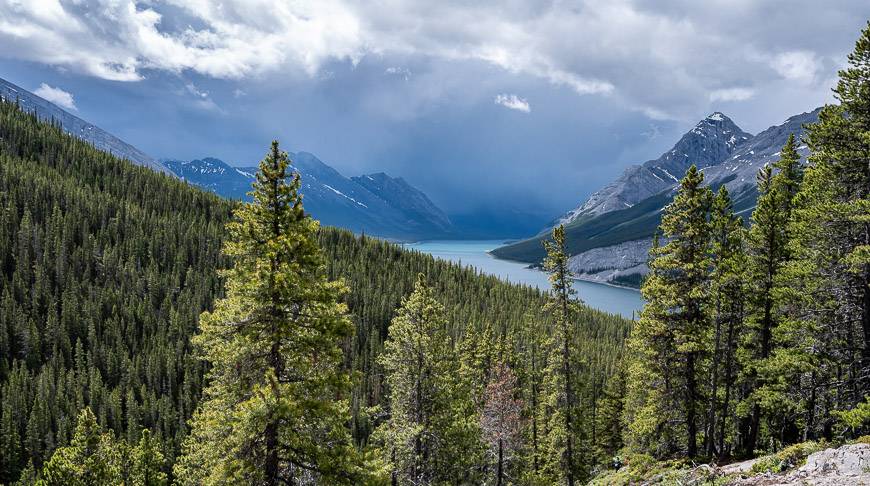 The view of the Spray Lakes from part way up West Wind Pass