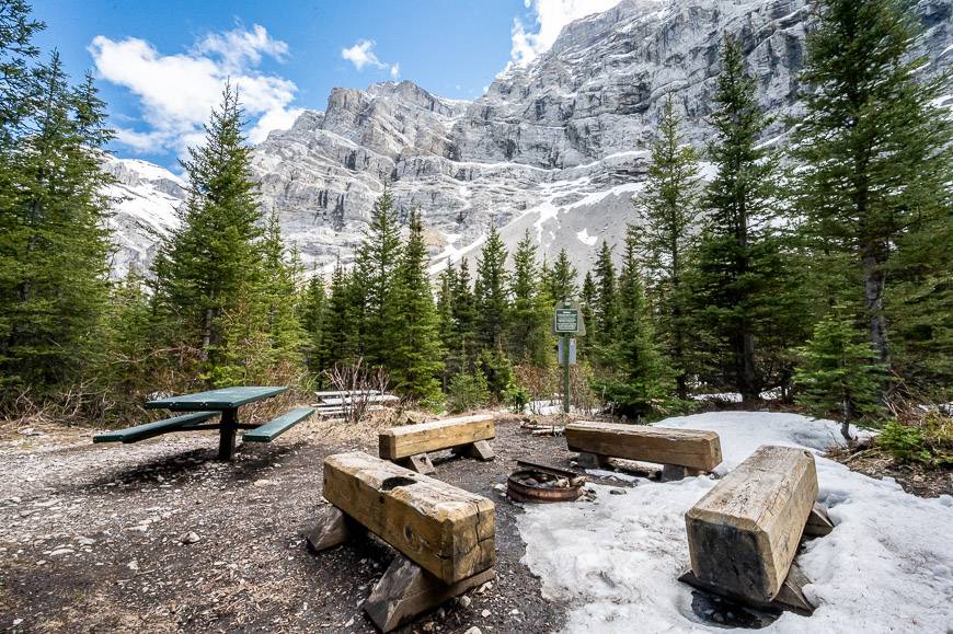 The common area with bear lockers at the Ribbon Falls Campground