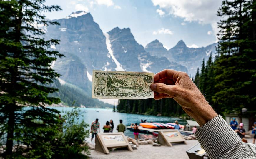Our hike ends where it started beside Moraine Lake - with Joel showing me an old $20 bill with the Valley of the Ten Peaks on it