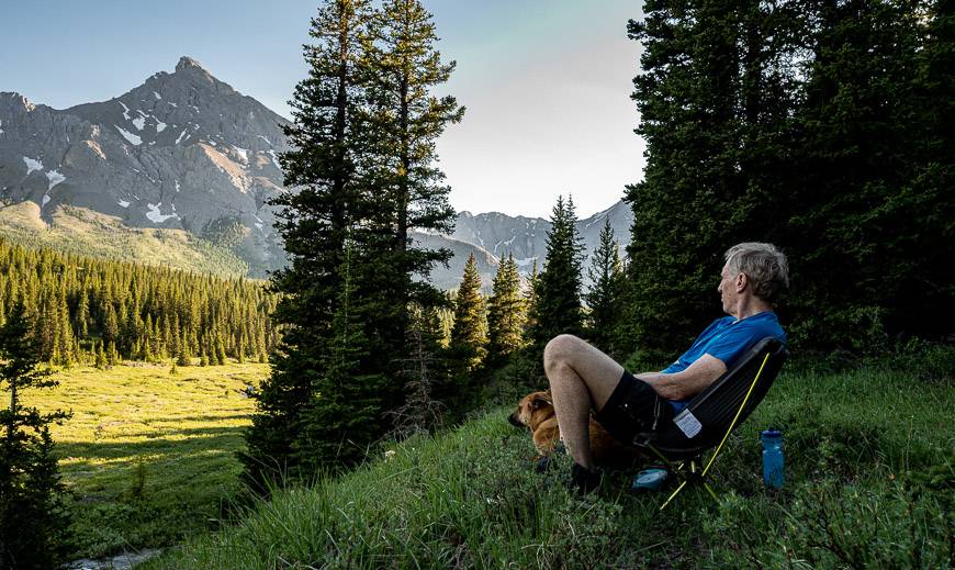 Enjoying evening views of the mountains and Big Elbow with almost no bugs in late June