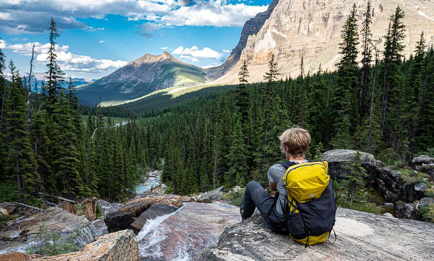 Enjoying the view towards Lake Louise from the Giant Steps