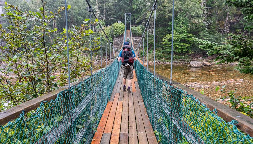 Crossing the Big Salmon River Suspension Bridge